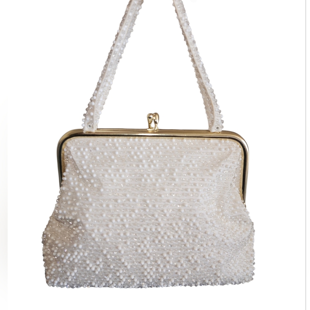 Vintage 50's Lumured Ivory Beaded Kiss-Lock Top Handle Evening Bag